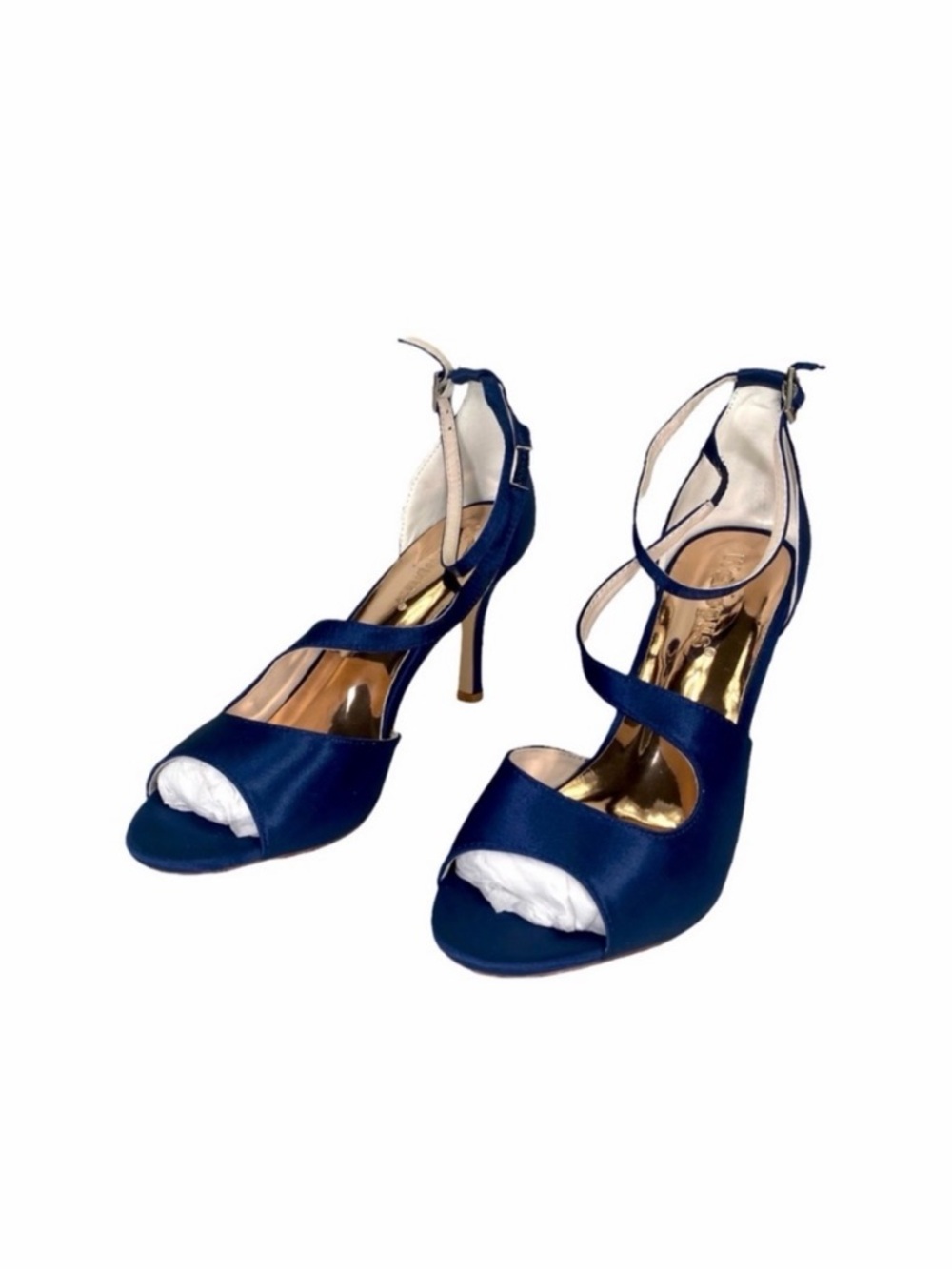 Navy Satin Open-Toe Ankle-Strap Heels